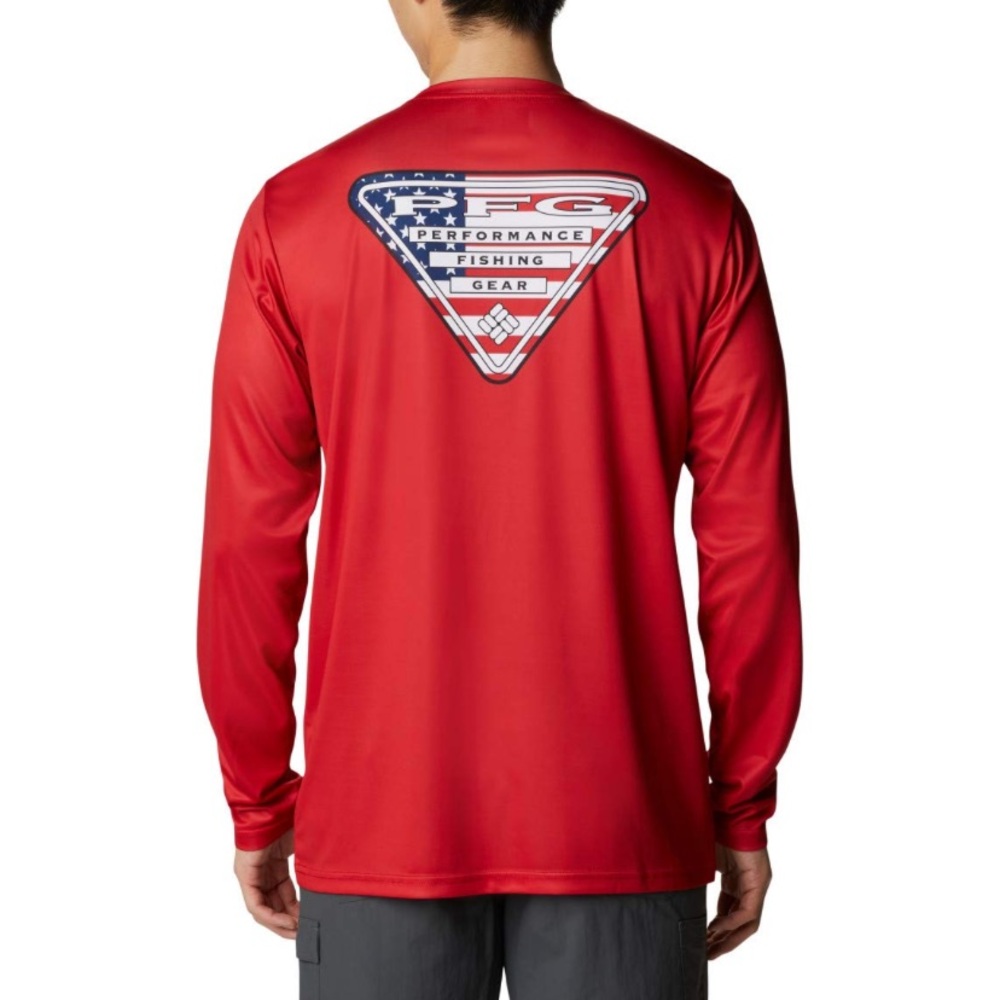 Columbia PFG Performance Fishing Gear Men's Vibrant Red Long Sleeve Tee